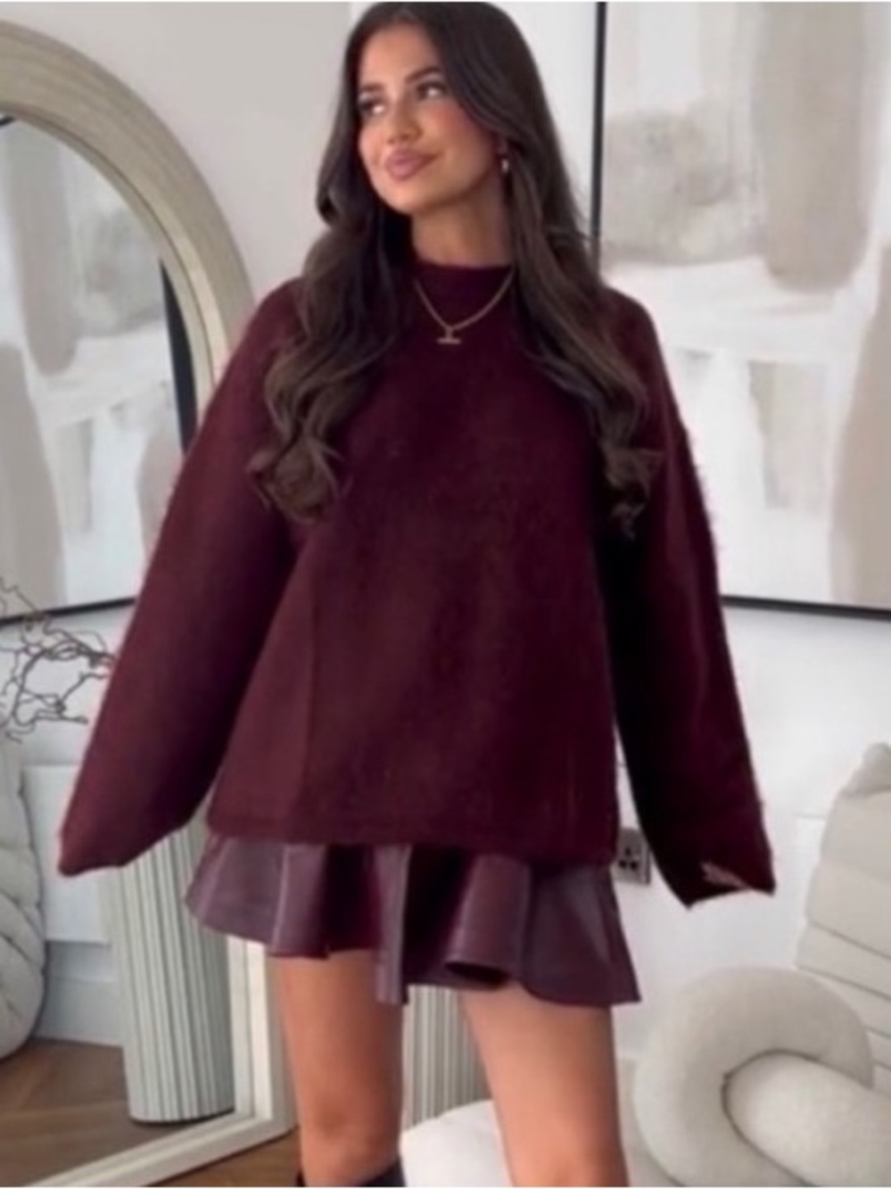 H&M Burgundy Long-Sleeve Mini Sweater Dress